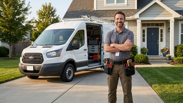 Concord Refrigerator Repair technician and service van outside a customer's home