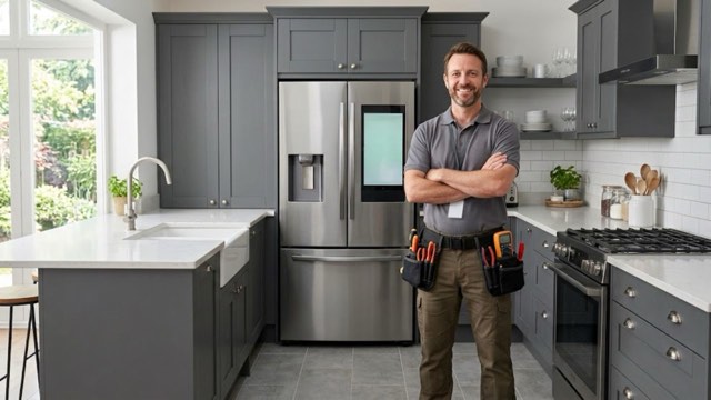 Concord Refrigerator Repair technician diagnosing a kitchen refrigerator